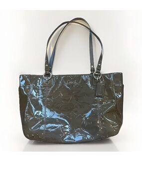 Coach Olive Green Op Art Embossed Patent Leather East West Gallery Tote